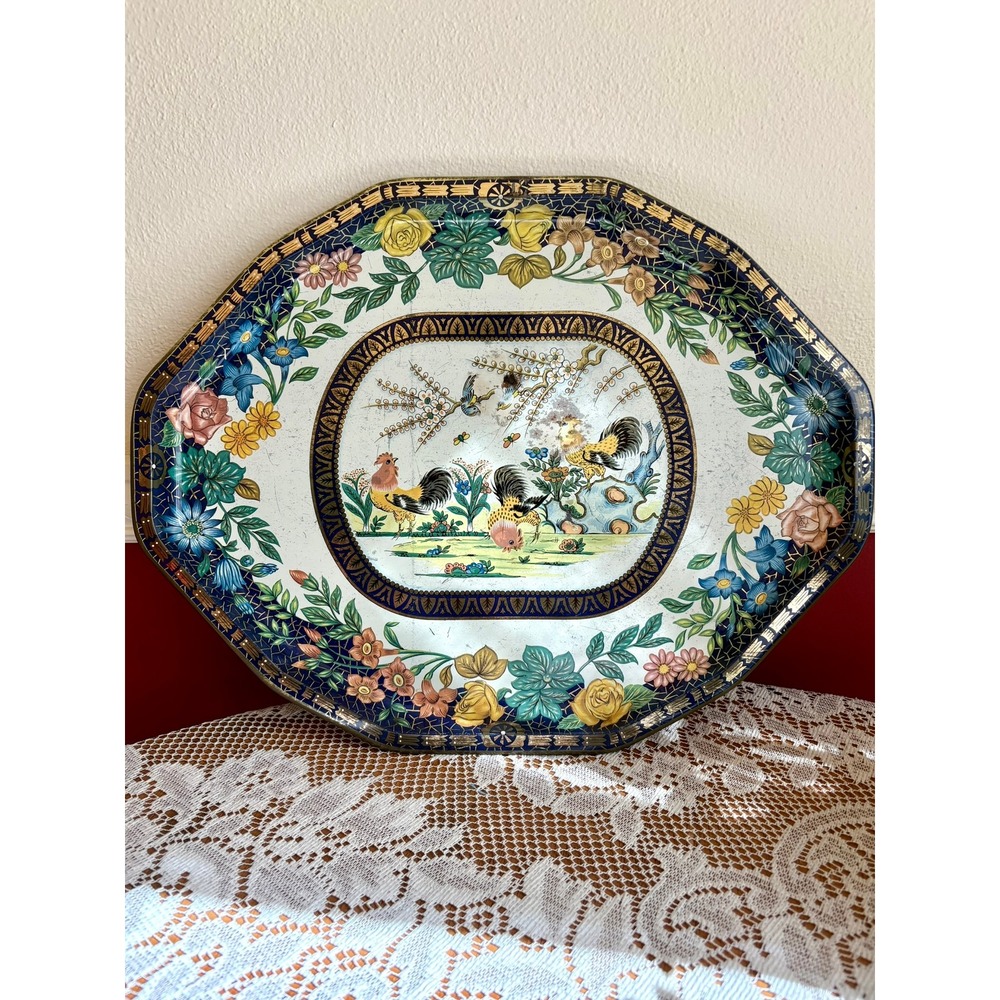 Vintage Daher Decorated Ware Tin Tray Rooster Floral Octagon England Rustic 17"